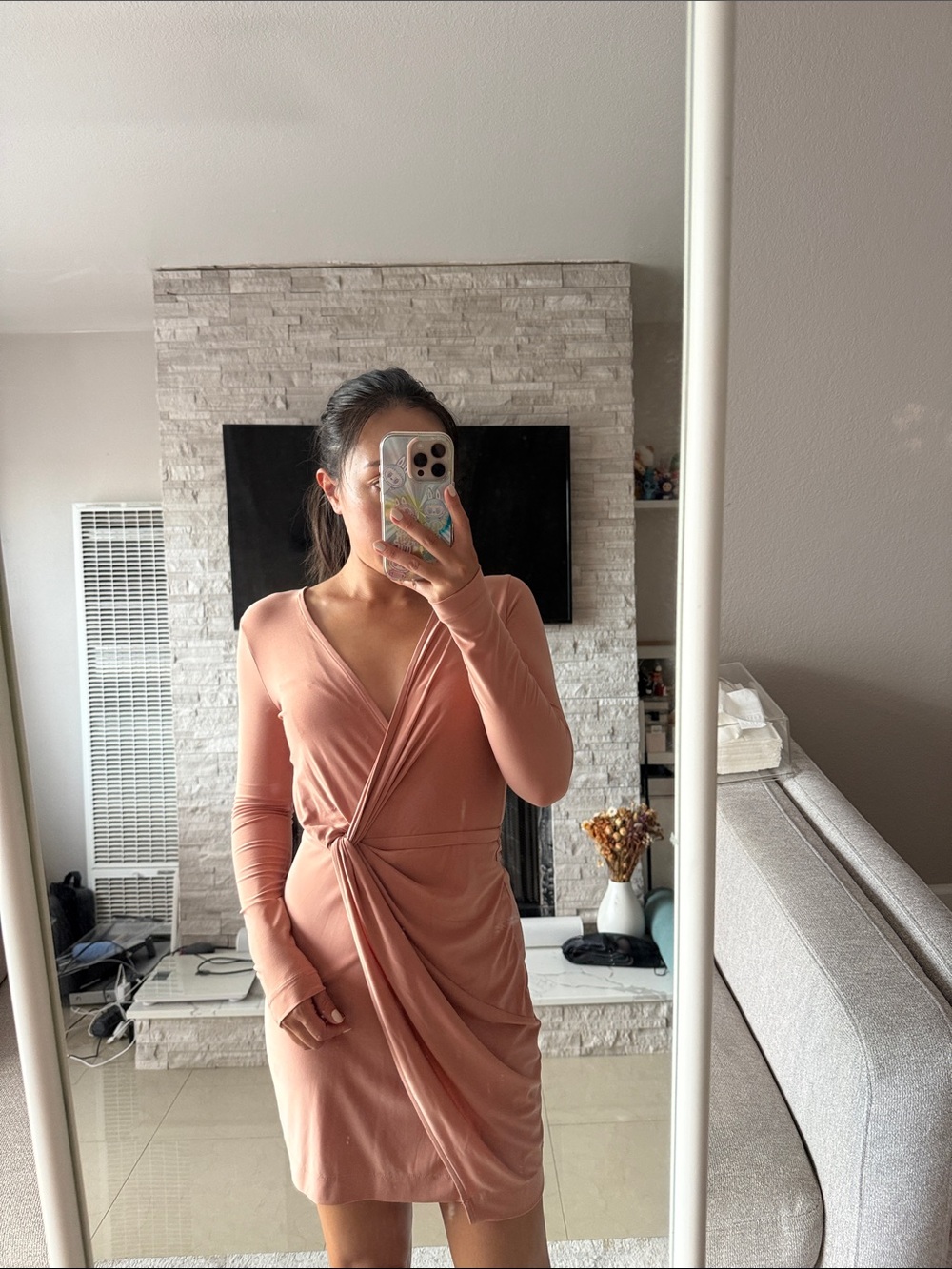 Babaton Long Sleeve Wrap Dress in Dusty Rose